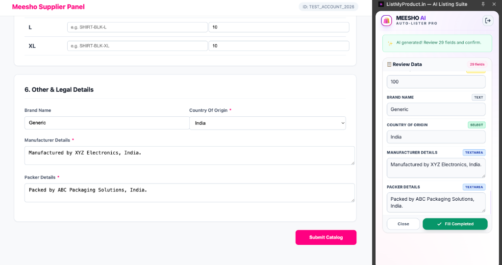 ListMyProduct AI completing brand name, country of origin, manufacturer and packer details on Meesho Supplier Panel